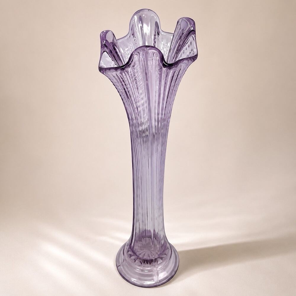 Vintage Amethyst Glass Vase Purple Ribbed Ruffled UV Reactive 10.5”